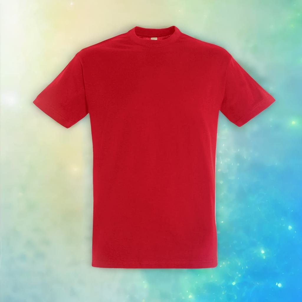 a red tshirt an ombre blue, yellow, and green background