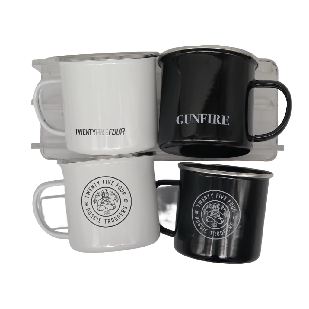 black and white mugs with logo print