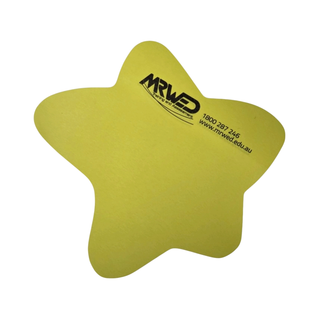 yellow star-shaped sticky notepads with logo